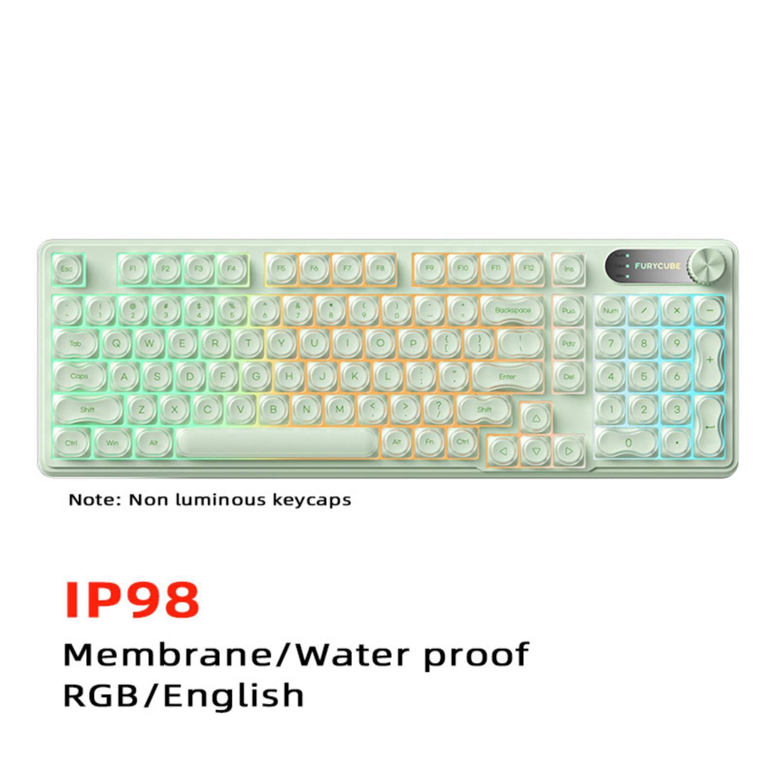 98-Key Wired RGB Membrane Keyboard with MOA Quiet PBT Keycaps, USB-C Connection, Waterproof Design, Translucent Light Green Keycaps and Frame, Rotary Knob, Desktop Aesthetic Keyboard