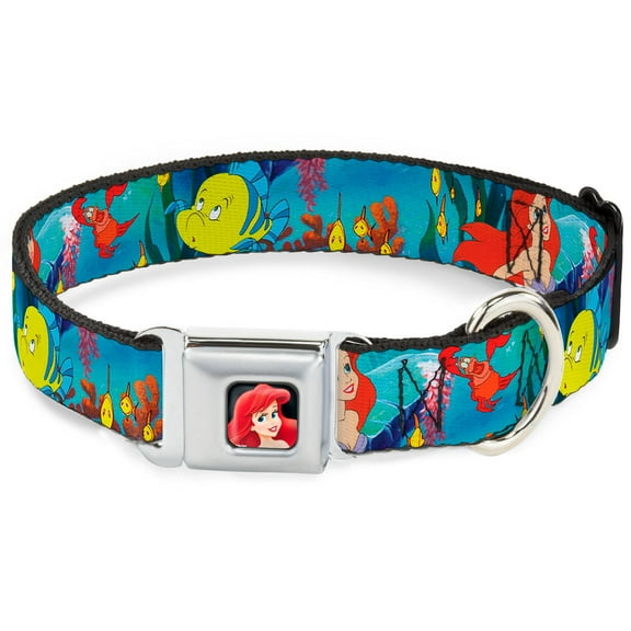 Disney Pet Collar, Dog Collar Metal Seatbelt Buckle, Ariel Sebastian Flounder Scene, 13 to 17 Inches 1.5 Inch Wide