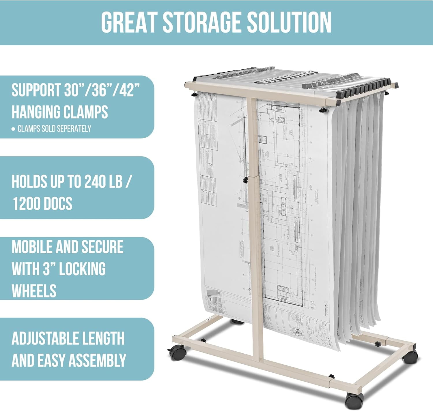 Adir Mobile Blueprint Storage Rack - Adjustable and Portable Vertical Blueprint Holder