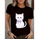 thumbnail image 1 of Women's Cute White Cat Print T-Shirt, Soft Cotton Blend, Short Sleeve, Round Neck, Machine Washable, Casual Fit, Adorable Kitten Design with Bow, Lightweight & Breathable Fabric for Casual Attire, 1 of 7