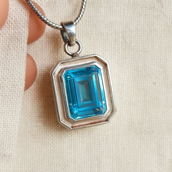 Aquamarine Blue Gemstone Pendant, 925 Sterling Silver, Handcrafted Emerald Cut Gemstone Jewelry