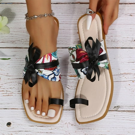

〖Yilirongyumm〗 White 39 Slippers For Women Fashion Summer Women Slippers Flat Bottom Ribbon Flower Thong Lightweight Casual