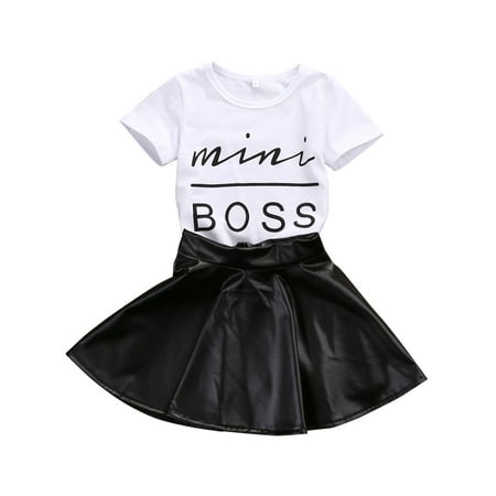 

One Opening Toddler Girl Summer T-shirt Tops Faux Leather Skirts Outfits