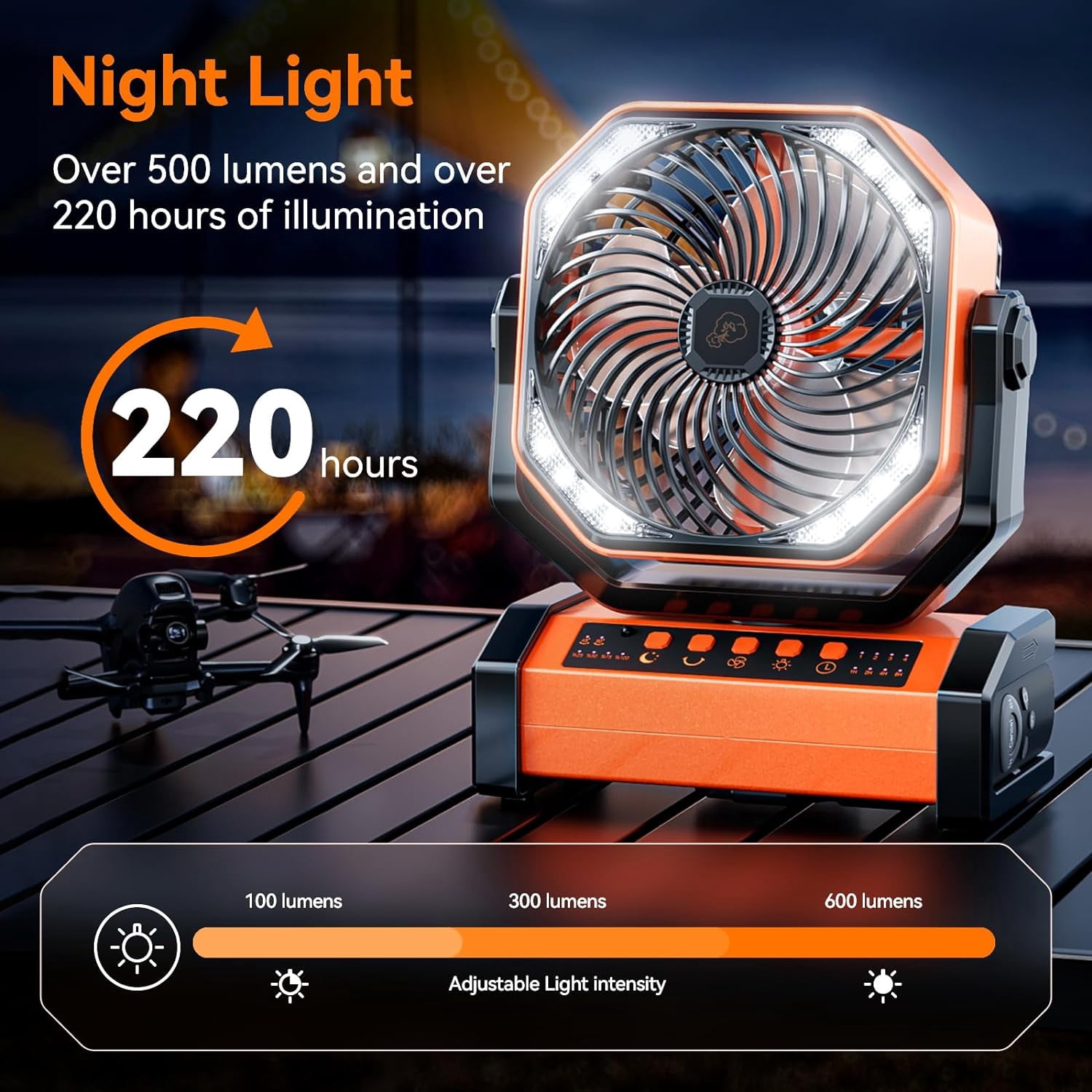 Camping LED Fan with Light, 40000mAh Rechargeable Battery Powered Outdoor Tent Fan with Light and Hook, 4 Speed, Personal USB Desk Fan for Camping, Fishing, Power Outage,Hurricane, Worksite