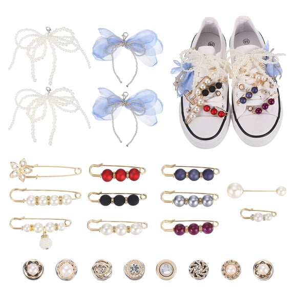 Uxcell Shoe Charm for Sneakers, White Pearl Bow and Blue Tulle Raw-Edge Fringe Bow Clips Shoelace Rhinestone Gold Brooches Accessories for Women Shoes, Hat, Clothing DIY Pack of 23