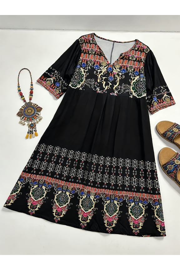 Women's Plus Size Notched V Neck Half Sleeve Color Block Ethnic Paisley Printed High Waist Gathered Loose A-Line Midi Dress With Pockets, Retro Boho Casual Holiday Dress