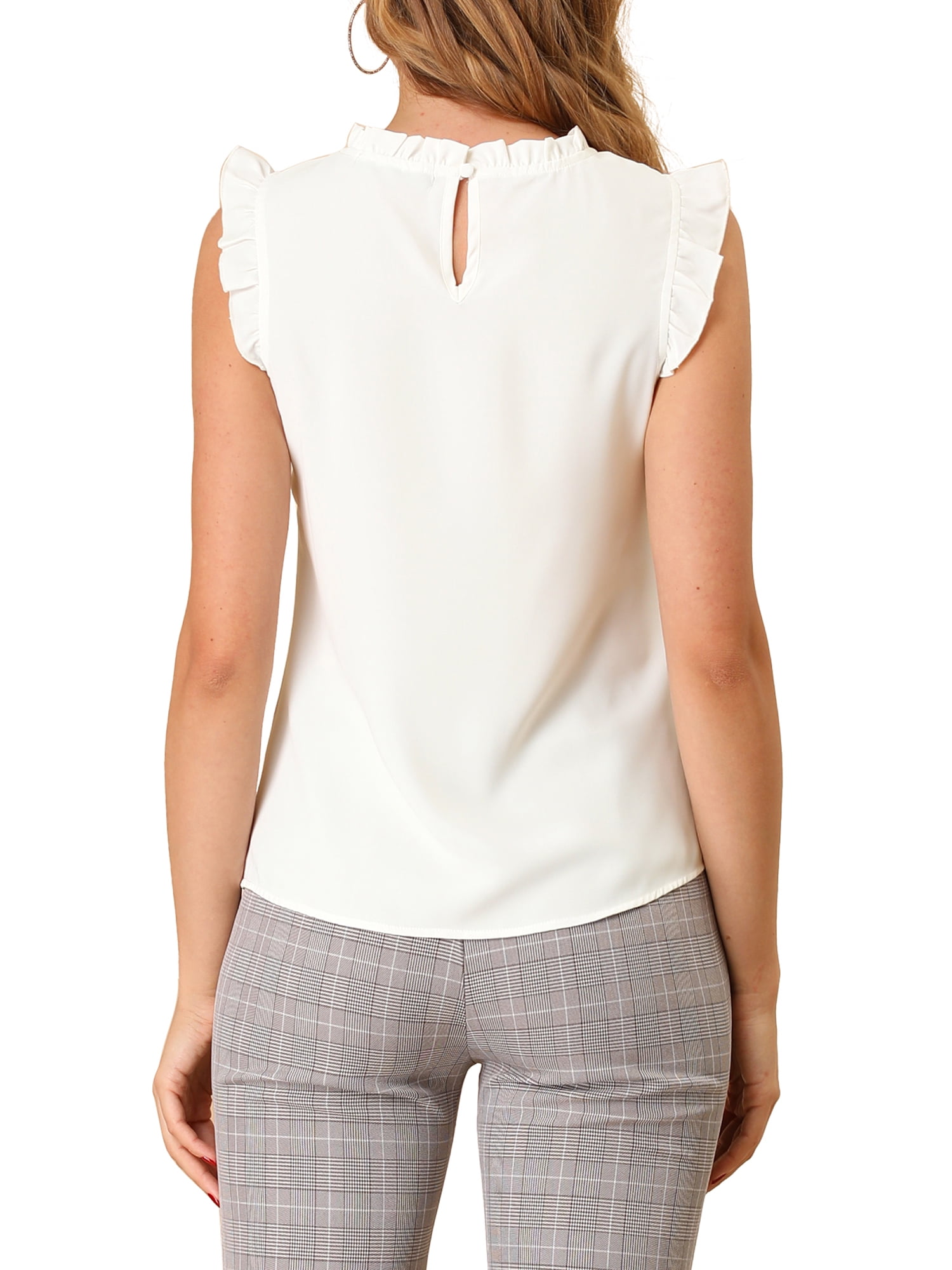 Unique Bargains Women's 2 Packs Ruffled Crew Neck Office Sleeveless Work Blouses Top White XL