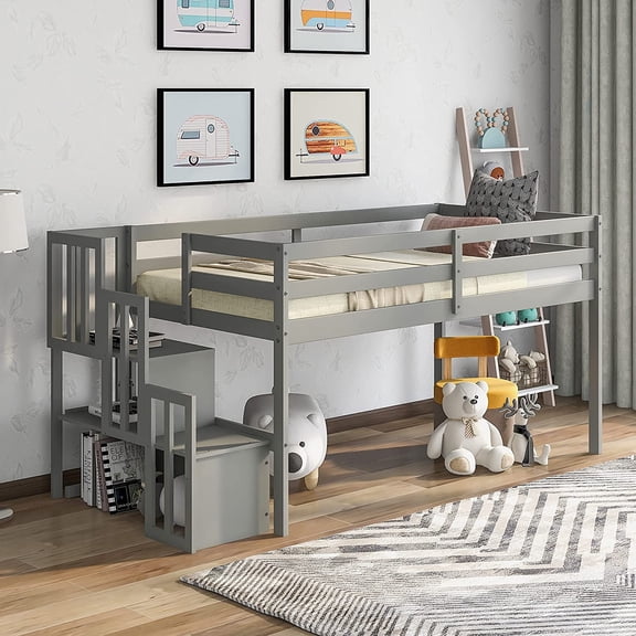 Low Twin Loft Bed Wood Loft Bed Frame for Kid's Rooms, Twin loft bed with Stairs Storage function and Safety Rails, for Kid Boys Girls Teens, Gray