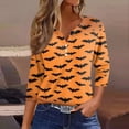 thumbnail image 2 of Camiseta de mujer con estampado de Halloween, botones, manga 3/4, estilo diario, fin de semana, moda básica, escote en V, top regular, 2 of 5