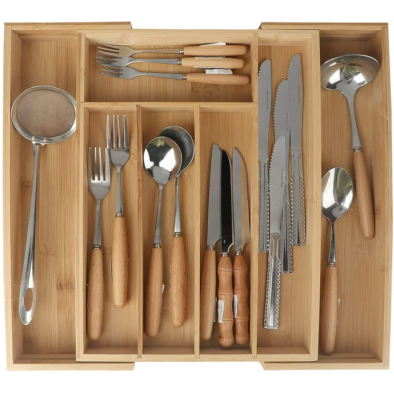 KitchenEdge Premium Silverware Flatware and Utensil Organizer for Kitchen Drawers Expandable to 25 Inches Wide 10 Compartments 100% Bamboo