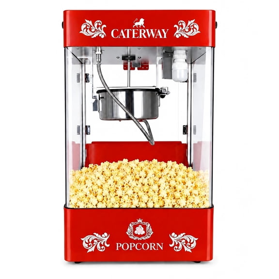 Hakka 8 oz Commercial Popcorn Machine, 1305W Countertop Popcorn Maker with Built-in Warmer, Light, Serving Door, Removable Crumb Tray, Red Theater Style