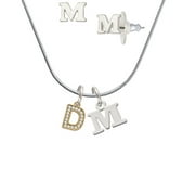Gold Tone Small Crystal Initial - D - - M Initial Charm Necklace and Stud Earrings Jewelry Set