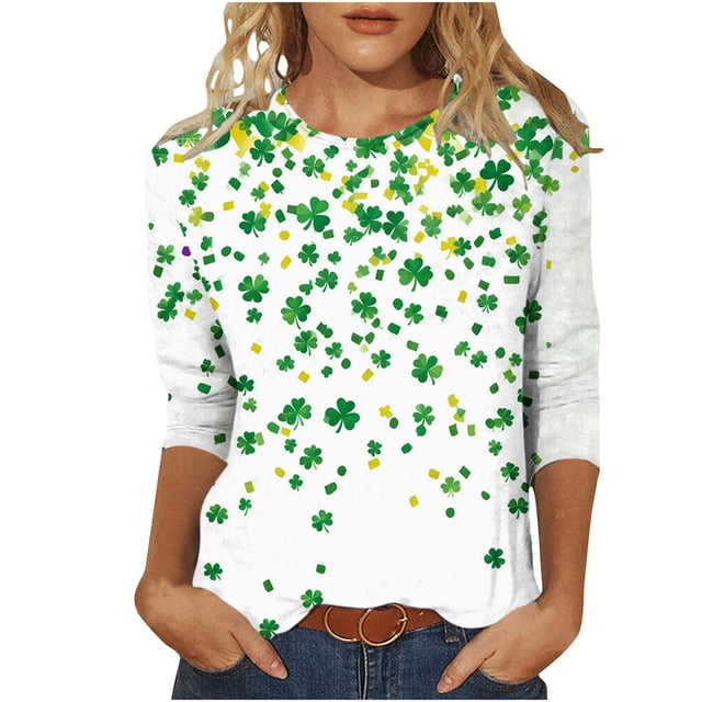 Camiseta Suelta de Cuello Redondo con Impresión Del Día de San Patricio para las Mujeres Camisetas de Manga 3/4