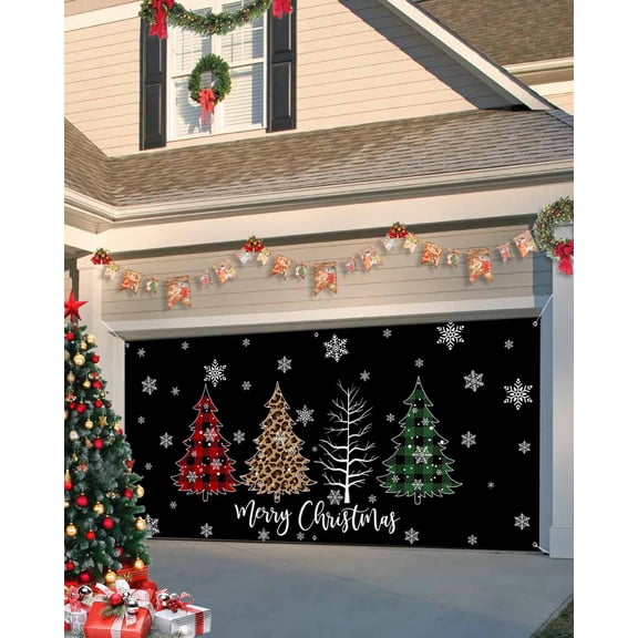 Garage Door Banner Cover 6 x 13 ft, Merry Christmas Xmas Tree Snowflake Black Christmas Garage Door Decorations Holiday Christmas Backdrop Decor for Winter New Year Xmas Party