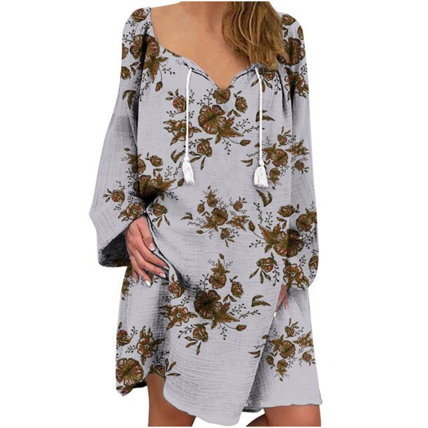 Vestido de mujer Vintage Casual Vestido con cuello en V Manga larga Suelto con flecos Midi Vestido Pompotops ghjkhdj17370