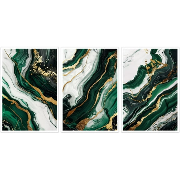 Hieng Abstract Emerald Green Wall Art 3 Pieces Green and Gold Canvas Prints Modern Fluid Marble Painting for Living Room Office Decor Unframed