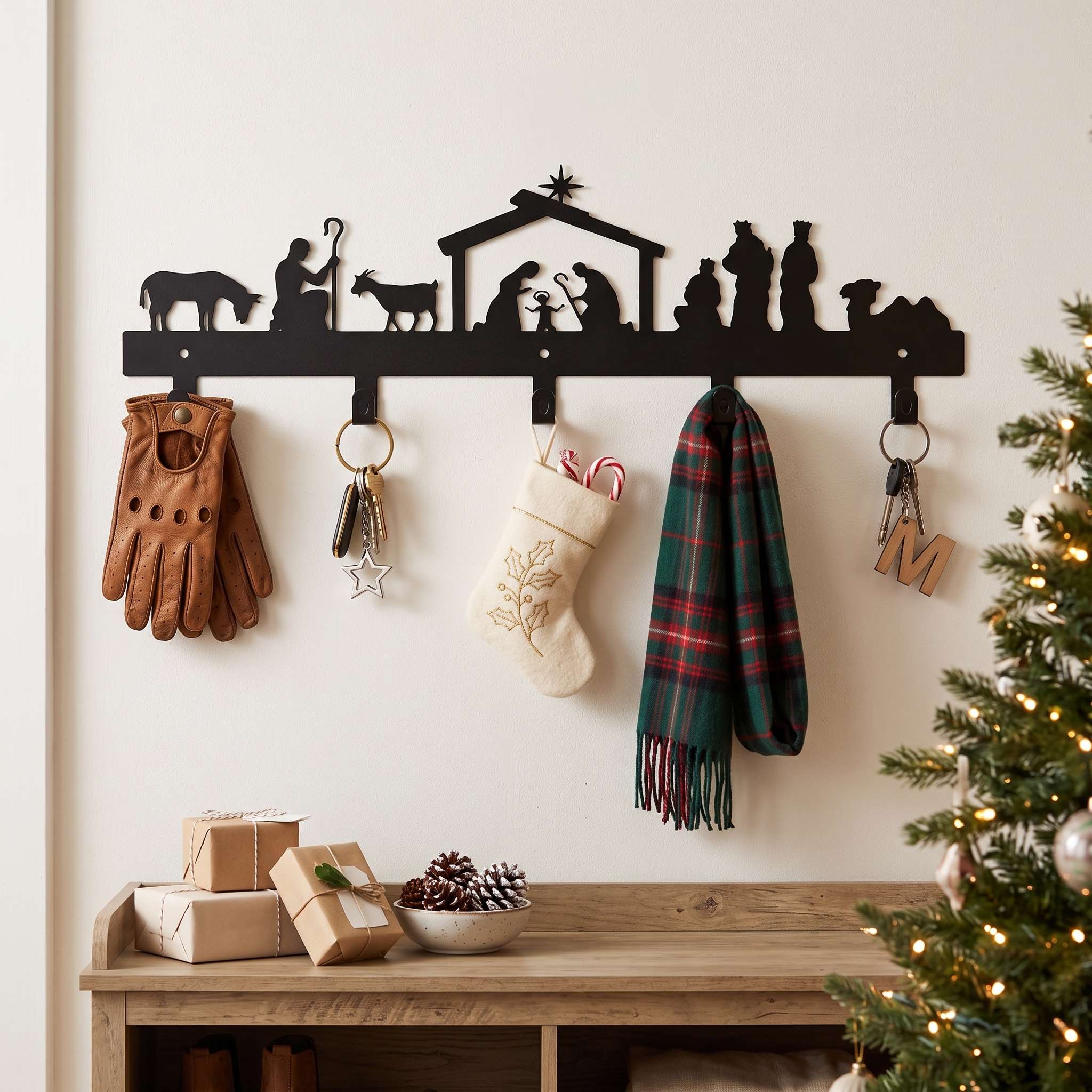 Iron Nativity Scene Hook Decor, Religious Style Wall Hanging, Christian Theme Entryway Storage Decor
