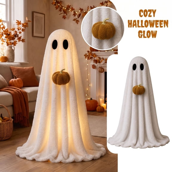 2FT Light-Up Sherpa Ghost with Pumpkin, Indoor Halloween Decor Cute Ghost Tabletop with Adjustable Tripod, Warm Glow for Living Room Fireplace Bedroom Party