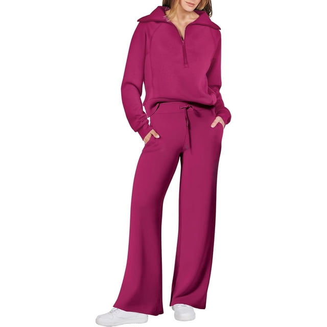 Women 2 Piece Outfits Sweatsuit Set 2023 Fall Oversized Half Zip Sweatshirt Wide Leg Sweatpant Lounge Set Tracksuit