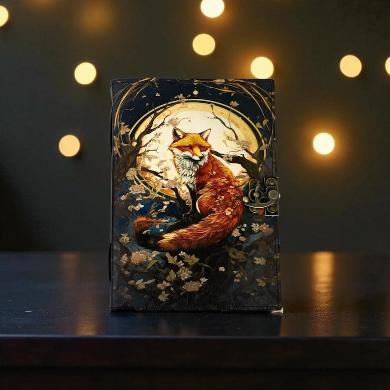 Handmade Leather Journal with Fox Artwork – 5x7 Inch Vintage Notebook, 200 Pages, Rustic Handmade Paper, Locking Strap – Writing, Sketching & Gift Journal