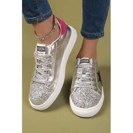 Silvery Metallic Luster Star Pattern Slip On Sneakers