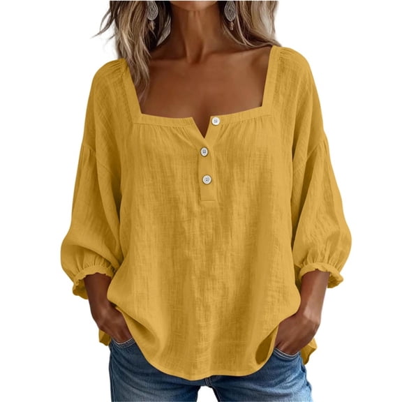 LIaqionyy Womens Cotton Linen Shirts 3/4 Sleeve Square Neck Casual Loose Solid Color Summer Blouses Clothes