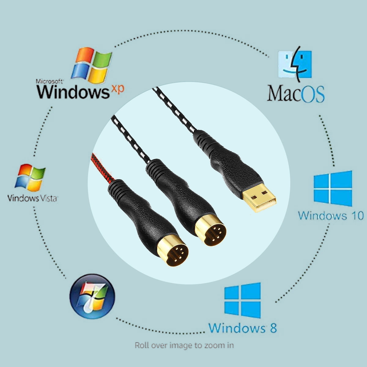EBXYA MIDI to USB Cable 2m Braided USB MIDI Interface Cable with Dual-Section Design & USB-A to Type-C Adapter for Keyboard, Digital Piano, Music Production & Computer Recording