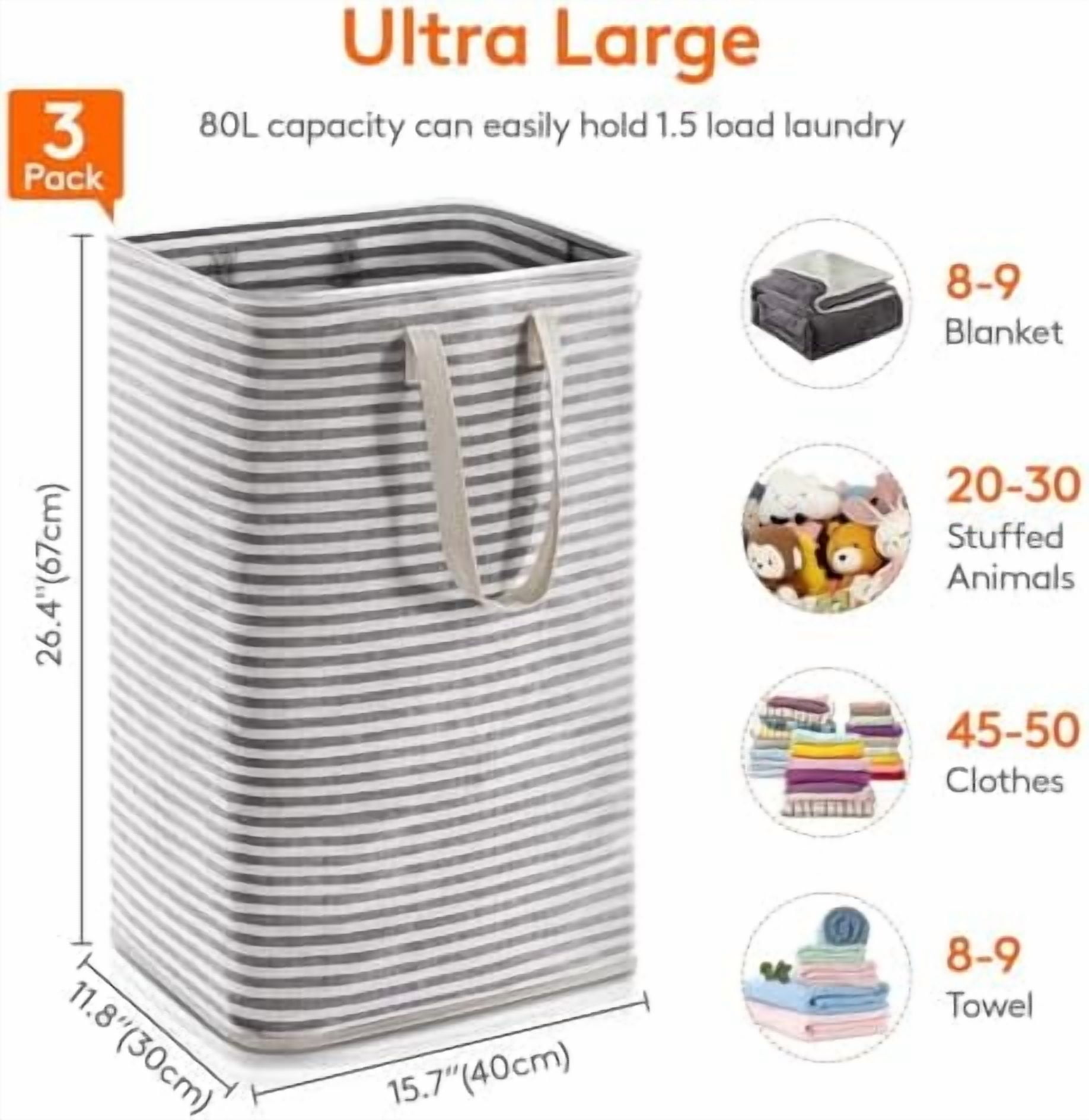 3 Pack Laundry Hamper Large Collapsible Laundry Baskets, Freestanding Waterproof Clothes Hamper with Easy Carry Handles in Laundry Room Bedroom Bathroom College Dorm, Black, 3 x 80L Black,3 x 80L