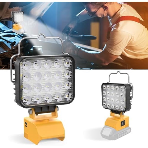 54W LED Work Light for Dewalt 20V Battery, 7600LM Cordless Work Light Dual Switch Battery Protection, Portable Flood Light with USB & Type C Charger Port for Workshop, Camping, Outdoor