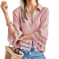 thumbnail image 4 of Turn-down Collar Women Casual Lace Hem Button Blouse 3/4 Sleeve Tops, 4 of 4