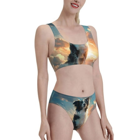 Uemuo Cloud Border Collie Printed Women s High Waisted Bikini Sets Sporty Two Piece Swimsuits Color Block Cheeky High Cut Bathing Suits-Small