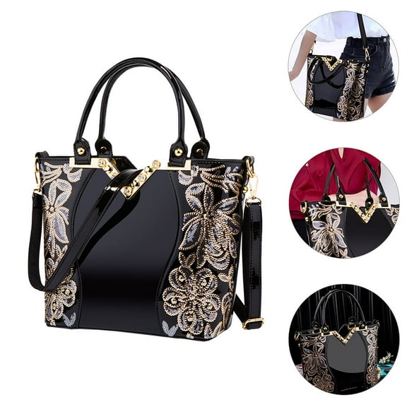 Pretyzoom Embroidery Flower Handbag Women PU Black 1Pack