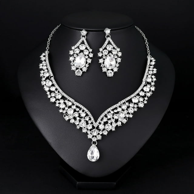 Collar para mujer, joyería para mujer, joyería para mujer, collar, pendientes, aleación, diamantes de imitación, conjunto de joyas, accesorios para bodas, collar y pendientes.