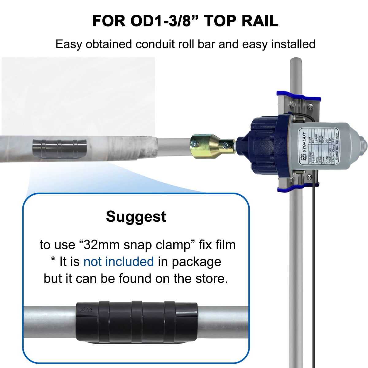 UYGALAXY 100W Greenhouse Film Roll Up Side Motor 1 3/8" Roll Bar Adapter + Precise Bearing Climber for Greenhouse Automatic Ventilation (with Creeper)