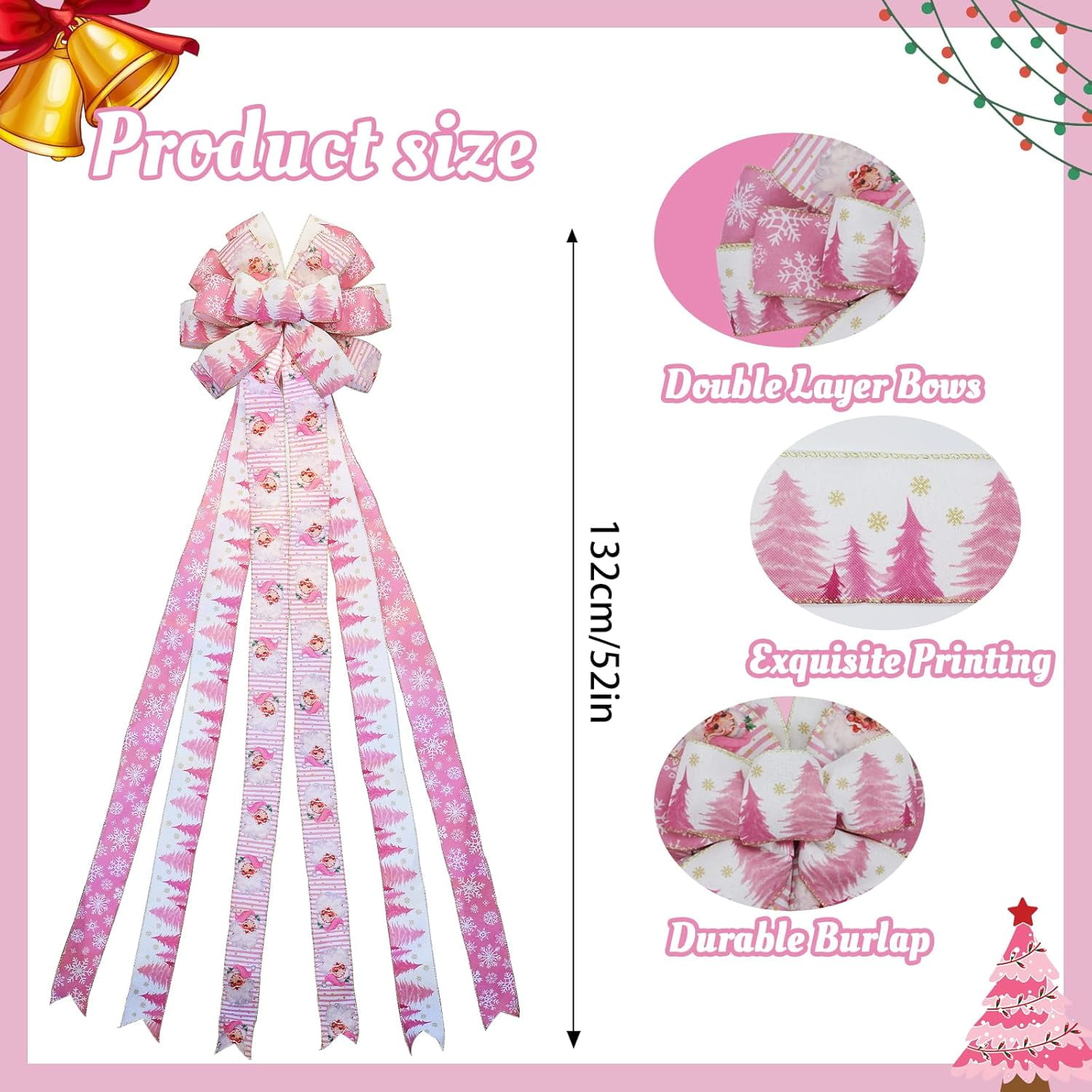 Large Christmas Tree Topper Bow 52x13 Inch, Pre-Tied Wired Ribbon Wreath Bows, Xmas Ornaments with Long Wired Edge Streamer for Holiday Thanksgiving Indoor Outdoor Party Decoration (Pink)