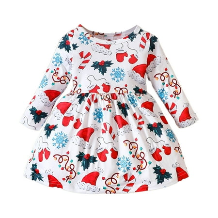 

WUXIAN Toddler Baby Girls Kids Crew Neck Long Sleeves Christmas Cartoon Printed Casual Dress Party Princess Clothes Children Versatile Dailywear
