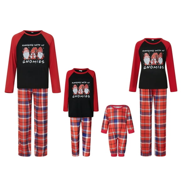 Nituyy Pyjamas de Noël pour la Famille à Manches Longues Gnome Print Tops + Pantalons à Carreaux de Buffle Ensemble de Vêtements de Nuit d'Hiver