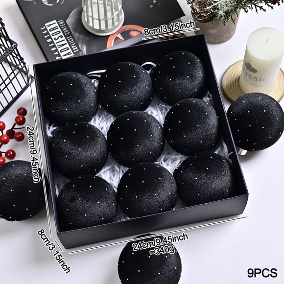 Staron Black Shatterproof Christmas Ornaments Sets, 9 Count, 3.15 Inch Large Christmas Tree Ornaments Xmas Hanging Ball Ornaments for Christmas Tree Decorations