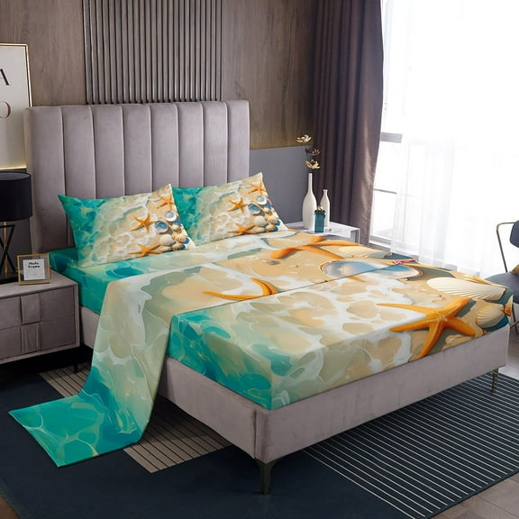 Erosebridal Marine Beach Bed Sheets Set Twin Size, Kawaii Starfish Bed Sheets Twin, Coastal Ocean Reversible Sheet Set Twin, Breathable Bedroom Decorative, 3pcs