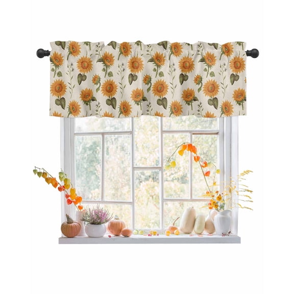 Fall Valances for Windows, Plant Watercolor Sunflower Flowers Linen Texture Rod Pocket Short Window Valance Curtains Holiday Window Treatment for Kitchen Living Room Bathroom, 60"x18"