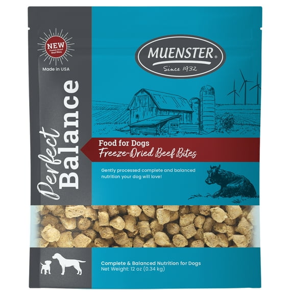 Muenster Perfect Balance Beef Bites Freeze-Dried Dog Food, Training Treats, Food or Topper, All Life Stages, 12 oz Pouch