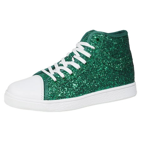 OJSFQUFP Women s Flats Ladies Simple Lace Up High Top Casual Shiny Fine Glitter Flat Shoes Casual Shoes Board Shoes Food Service Non Slip Shoes Green 39