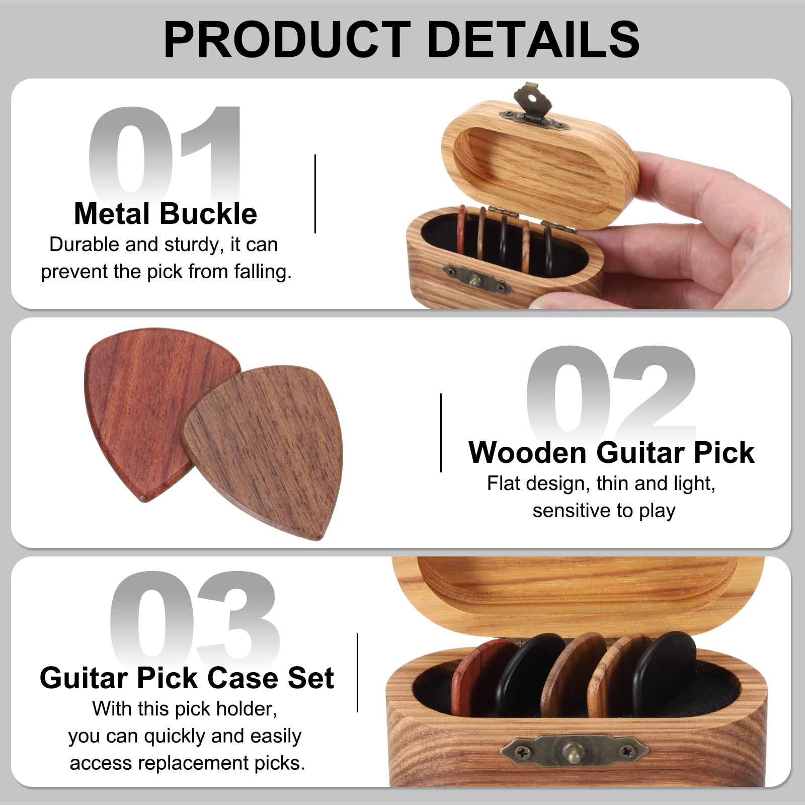 Uxcell Wooden Guitar Pick Holder Mini Guitar Picks Box Case with 5 Pack Flat Wood Guitar Picks Acoustic Guitar Box