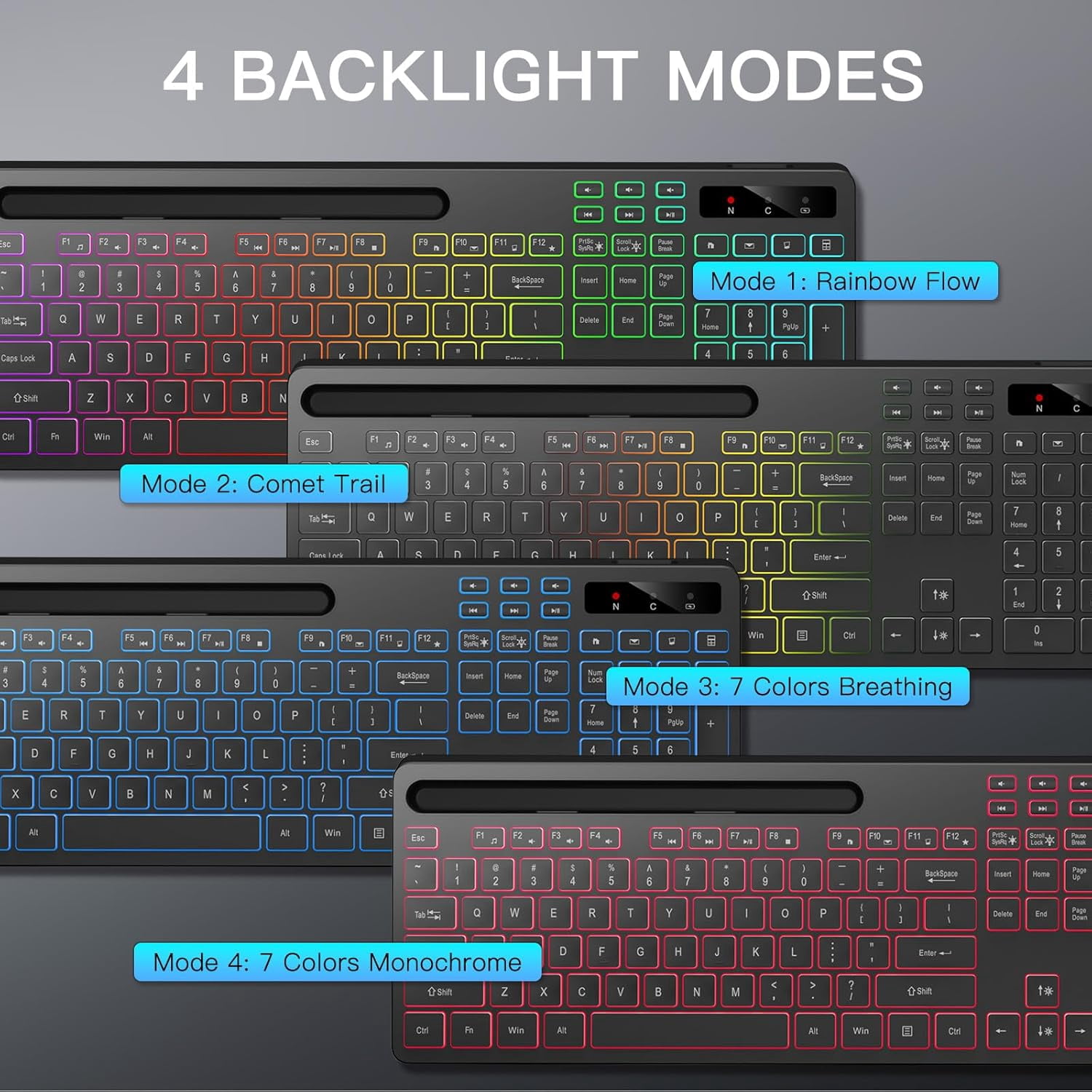 Wireless Keyboard with 7-Color RGB Backlit, Full-Size Computer Phone Tablet Holder, 2.4G Rechargeable Gaming Light Up Keys, Compatible Mac, Windows (Black)