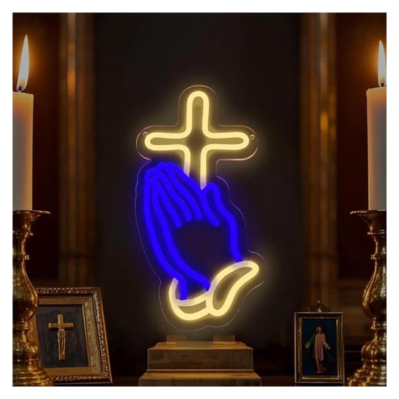 Letrero De Neón Con Manos En Oración Y Cruz, Luz LED Cristiana Regulable Por USB, Ideal Para La Iglesia, La Sala De Oración O Como Decoración 17cmx31.5cm