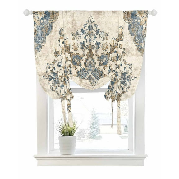 Blue Boho Tie Up Curtains for Window, Thermal Insulated Balloon Shade Adjustable Rod Pocket Curtains Valance Panels for Kitchen Bathroom Cafe 42 x 45 Ethnic Southwestern Geometric Vintage