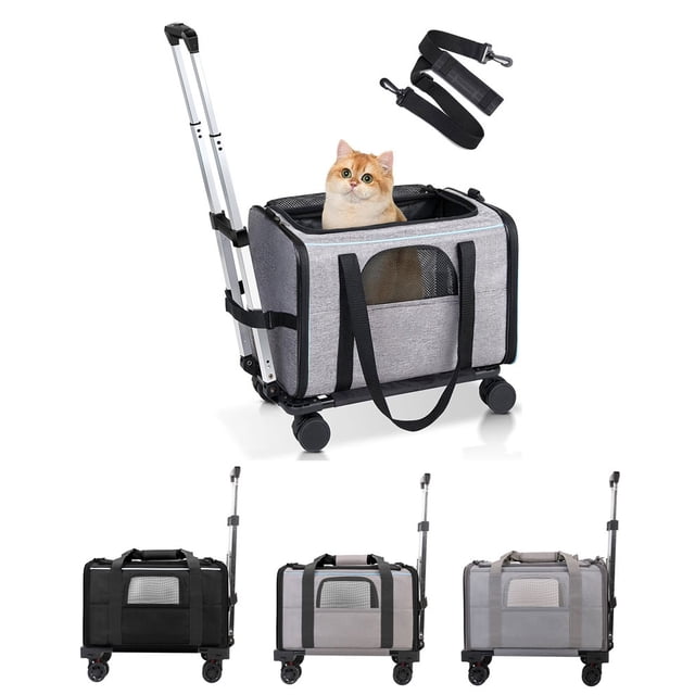 Sac à Roulettes pour Animaux, Transporteur Roulant Portable pour Petits Chiens Chats avec Poignée Télescopique Roues à 360 Degrés Sangle d'Épaule Réglable et Fenêtres en Maille