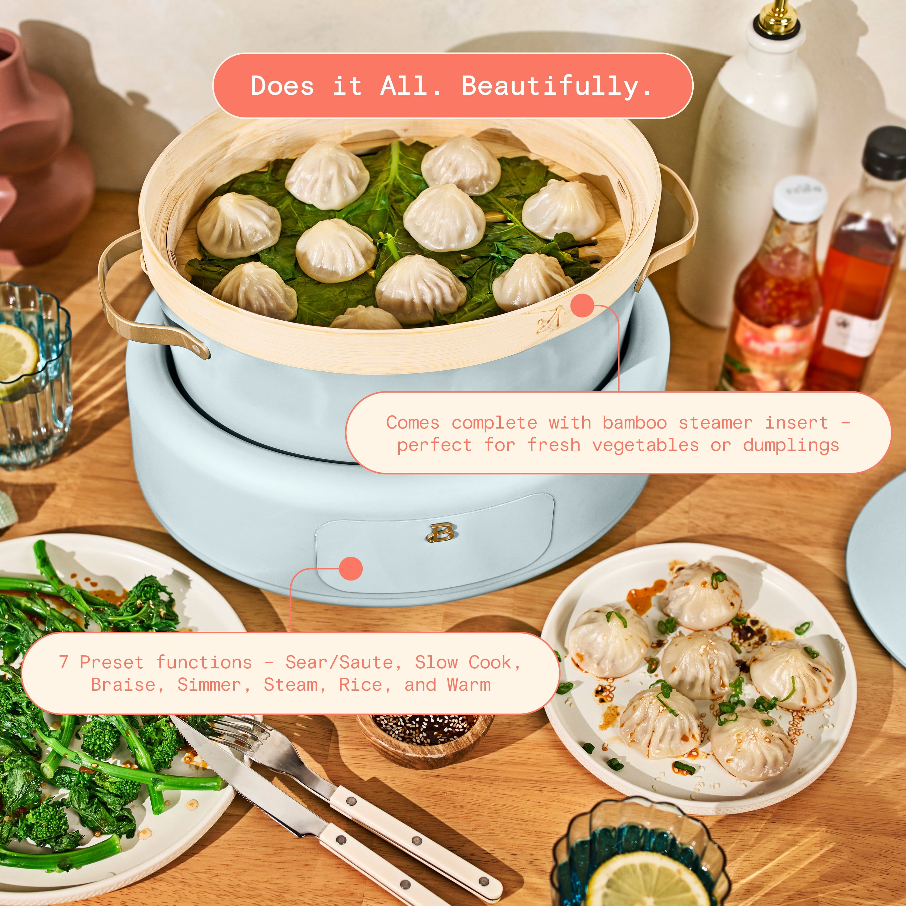 Beautiful 10-in-1, 8 Qt Multi-Cooker with Bamboo Steamer Insert and 7 Preset Functions, Hydrangea by Drew Barrymore