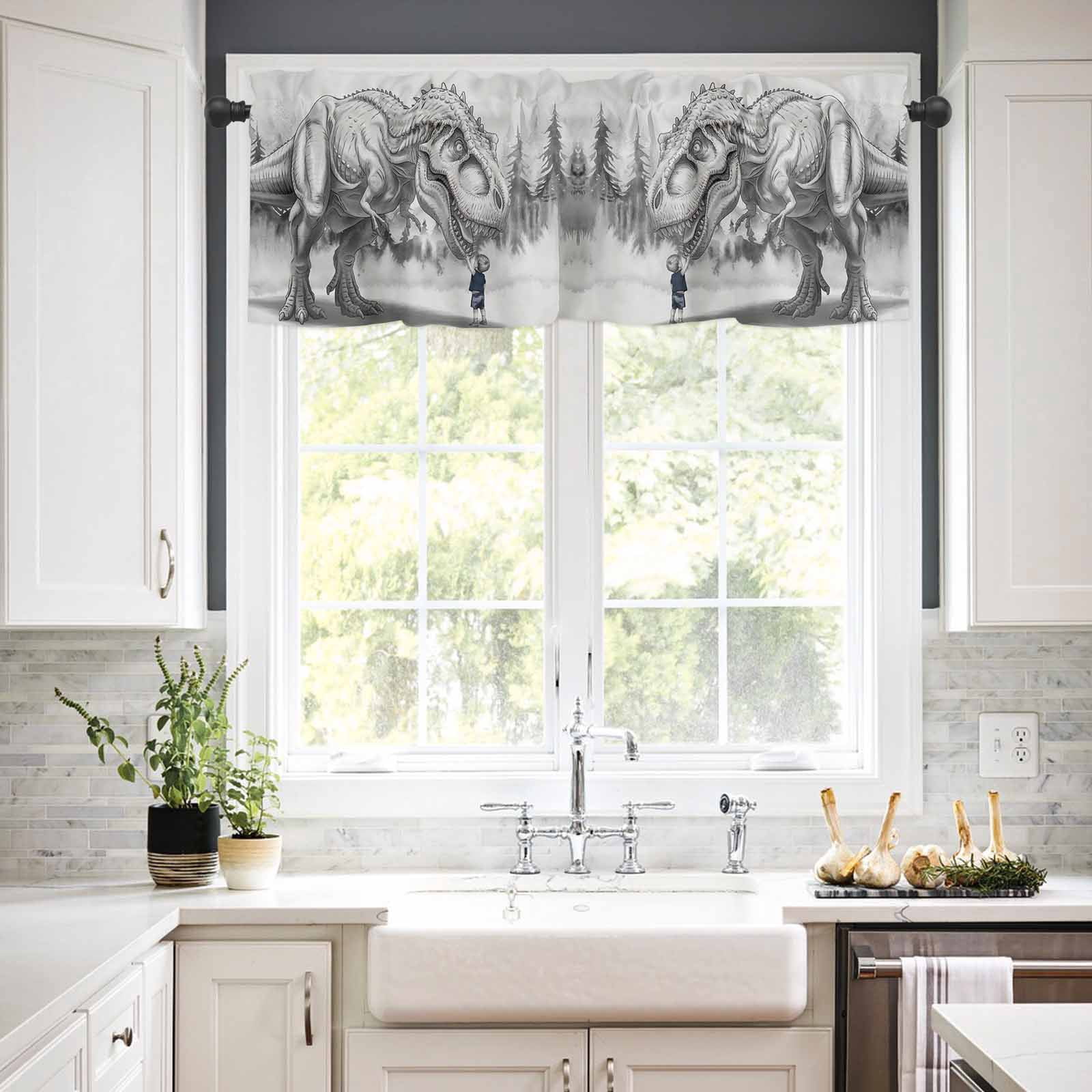 nqOlkjepod Dinosaurs Boy Farmhouse Short Window Curtain Valances, Gray Funny Cartoon Forest Animals Rod Pocket Kitchen Valances for Living Room Bedroom Bathroom Cafe, 1 Panel - 60" x 18"
