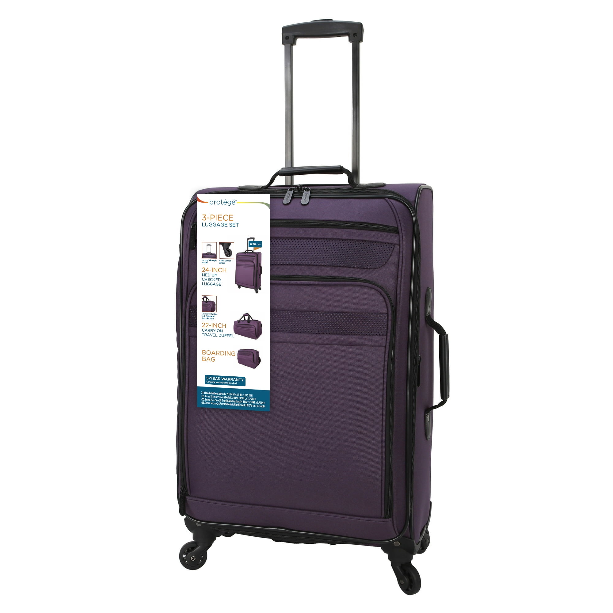 Protege 3-Piece Purple Softside Luggage Travel Set, Includes 24-inch Checked Luggage, 22-inch Carry-on Duffel and Boarding Tote, Purple